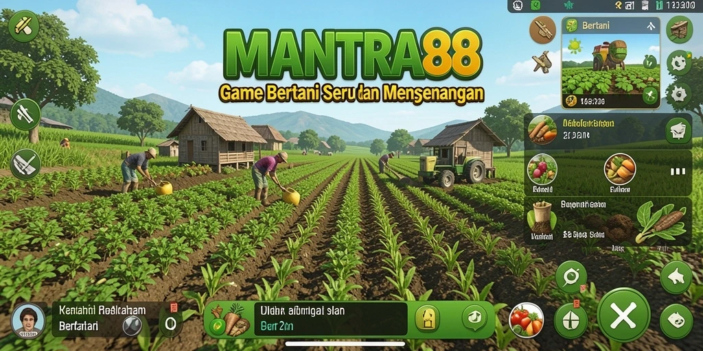 Antarmuka permainan bertani yang cerah dan interaktif.