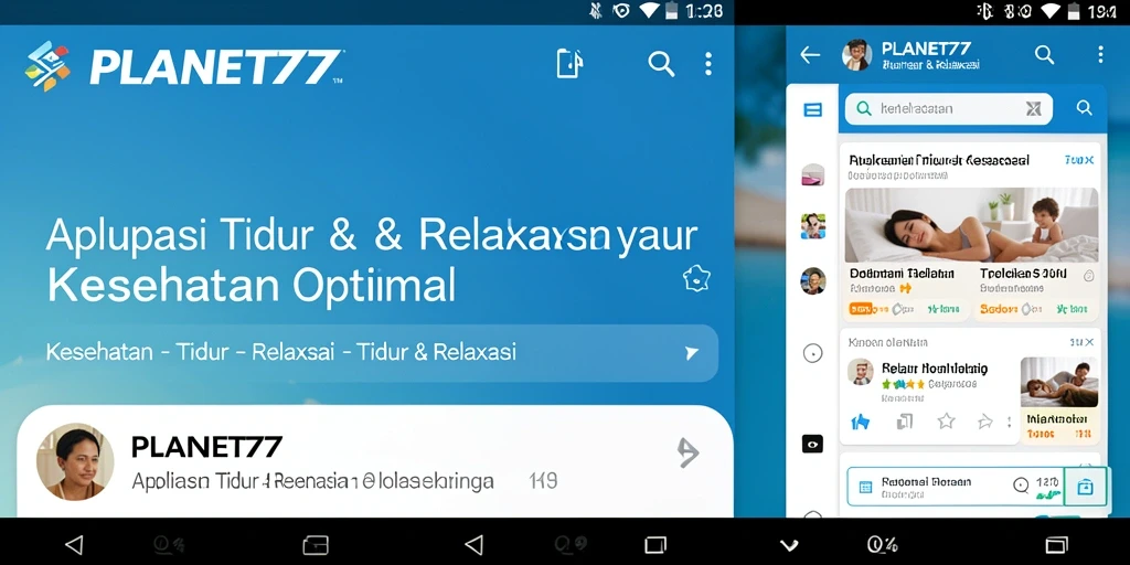 Antarmuka aplikasi PLANET77 yang menenangkan untuk Tidur & Relaksasi.